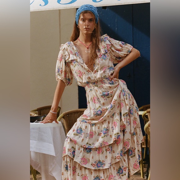 Spell Dresses & Skirts - NWOT Spell | Soltice Tiered Ruffle Gown Size Large Floral Cream Boho Smocking